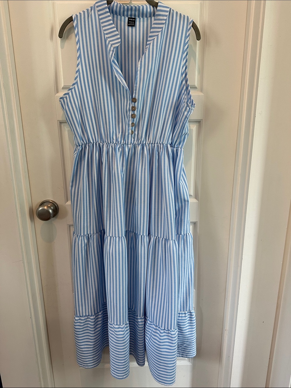SHEIN Blue and White Vertical Stripe Tiered Maxi Dress